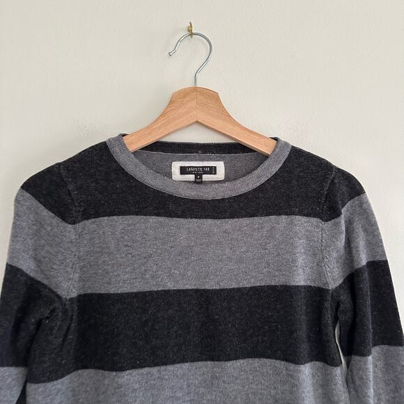 Lafayette 148 Cashmere Blend Crew Neck Long Sleeve Stripe Sweater Gray Black P - Picture 3 of 5